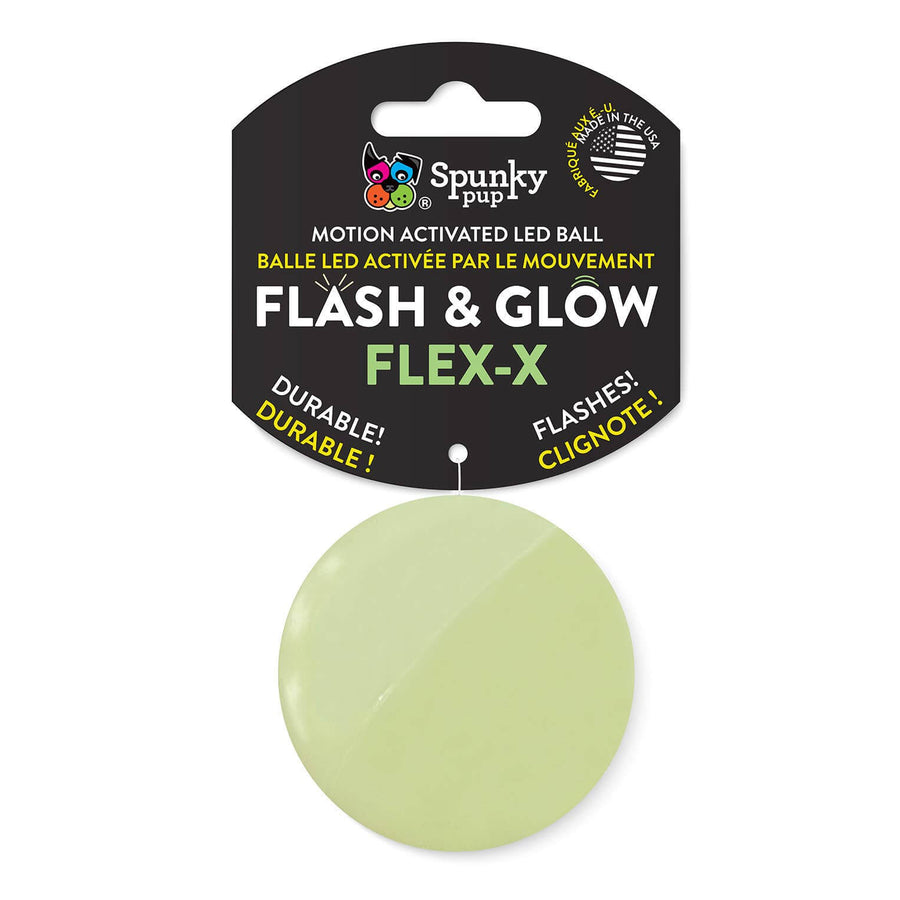 Spunky Pup Flash & Glow Flex-X LED ball with packaging on a white background