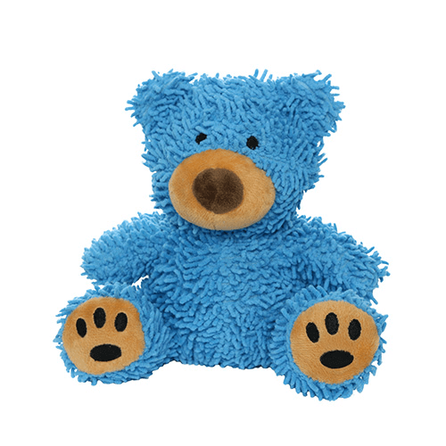 Mighty® Micro Ball Bear Dog Toy: Plush bear-shaped toy with a fuzzy blue body, brown nose, black embroidered eyes, and tan paw pads with black paw prints. Soft and playful.