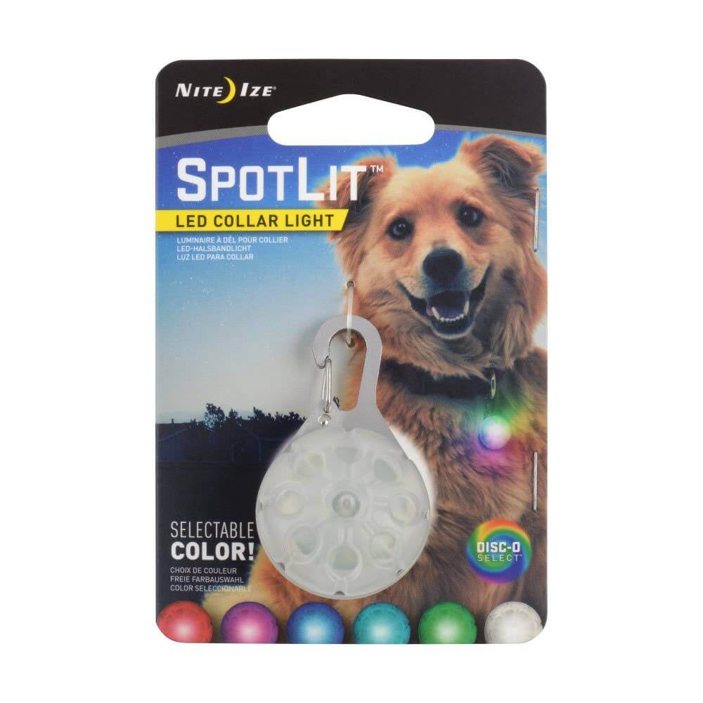 Nite Ize SpotLit LED collar light packaging with a dog on a white background