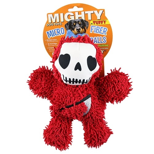 The red skeleton plush toy in its original packaging labeled "Mighty Microfiber Balls" by Tuffy, designed for dog play.