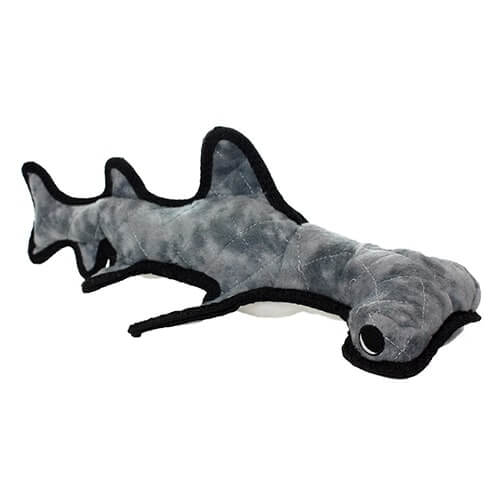 Gray hammerhead shark-shaped Tuffy dog toy with black edging, showcasing a durable and soft construction.