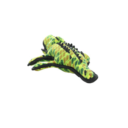 Side view of the green alligator Tuffy dog toy, showing the textured body and soft, durable construction.