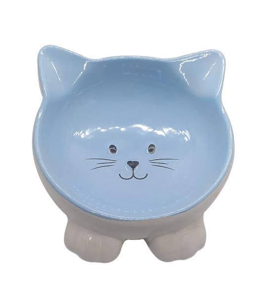 Blue ceramic cat-shaped bowl on a white background