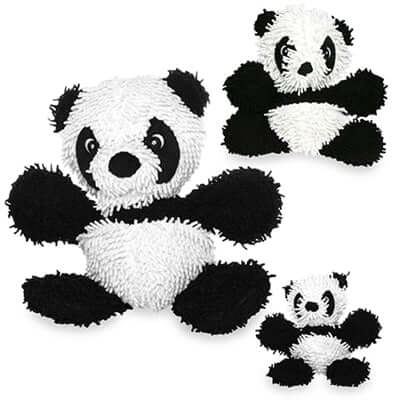 A collage of three views of the black and white panda plush toy, showcasing its soft texture, large eyes, and floppy limbs.