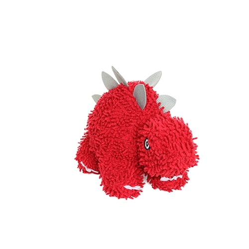 A front-side view of the red dinosaur plush toy, showcasing its rounded body and microfiber texture with a cartoonish eye.