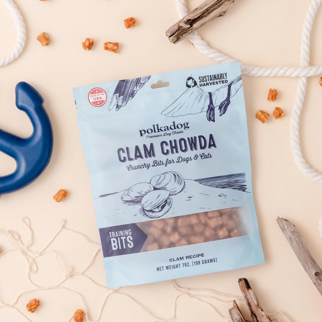 Polkadog Clam Chowda Bits: Bag of crunchy dog and cat training treats made from a clam recipe, sustainably harvested, and made in the USA.