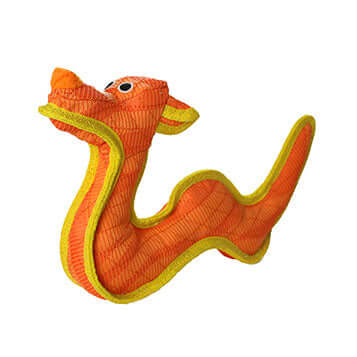 An orange, snake-like dragon-shaped dog toy with bright yellow edging and orange accents on the snout. The toy has embroidered eyes and a textured surface, designed for durability and interactive play.