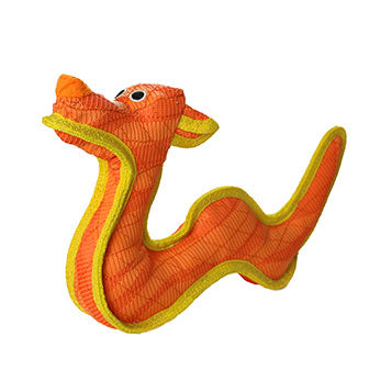 An orange, snake-like dragon-shaped dog toy with bright yellow edging and orange accents on the snout. The toy has embroidered eyes and a textured surface, designed for durability and interactive play.