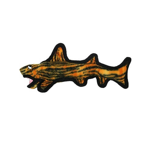 Side view of a tiger-striped plush shark dog toy with a wide-open mouth, black trim, and a soft body, designed for durability.