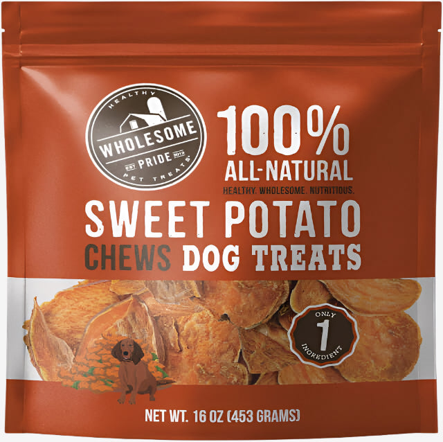 Package of Wholesome Pride Sweet Potato Chews Dog Treats, 100% all-natural with one ingredient: sweet potatoes, 16 oz..