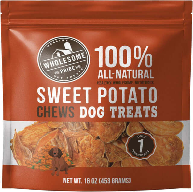 Package of Wholesome Pride Sweet Potato Chews Dog Treats, 100% all-natural with one ingredient: sweet potatoes, 16 oz..