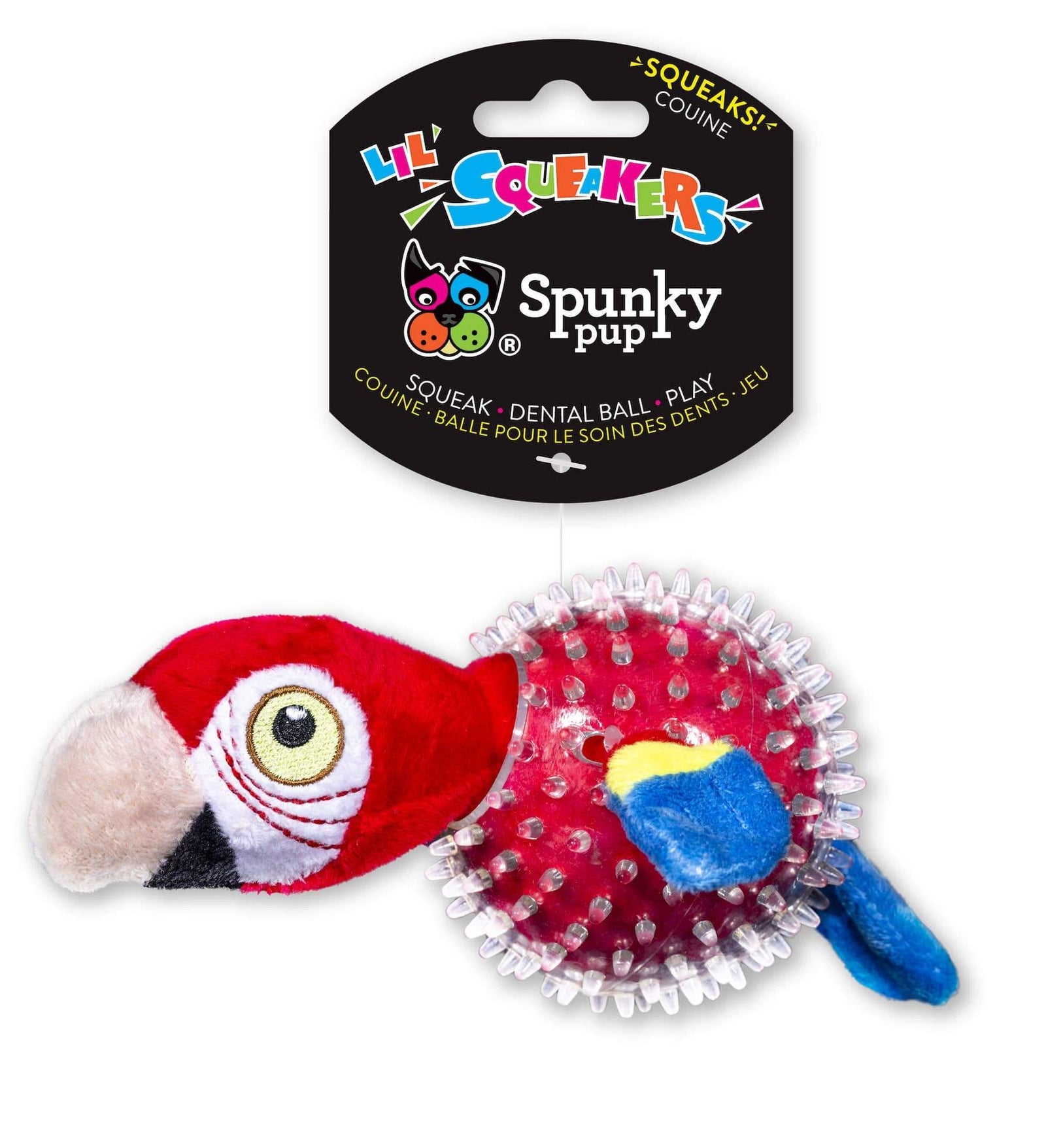 A plush toy resembling a parrot with a bouncy, spiky texture, accompanied by its packaging which reads 'Lil’ Squeakers' and 'Spunky Pup'.