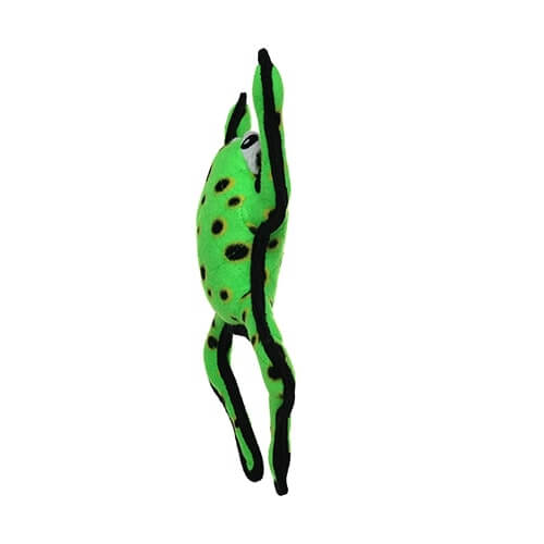 A side view of the green frog Tuffy dog toy, with its legs raised, mimicking a jumping position.