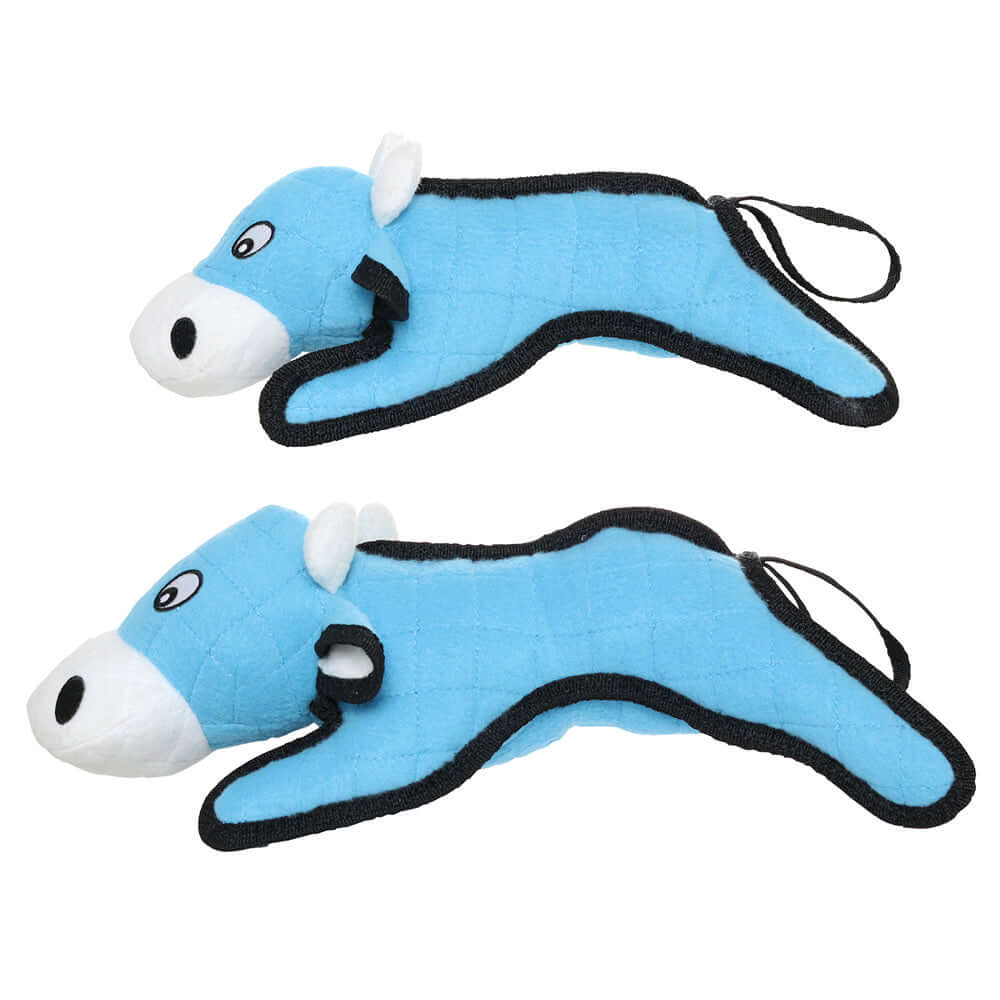 Two blue plush cow-shaped dog toys with white accents and black trim, displayed side by side for size comparison.