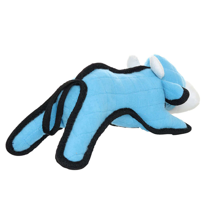 Blue plush cow-shaped dog toy with white accents and black trim, designed for durability, shown from the side.