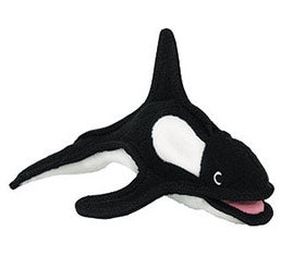 Side view of the Tuffy killer whale dog toy, featuring black and white markings with a durable and soft construction.