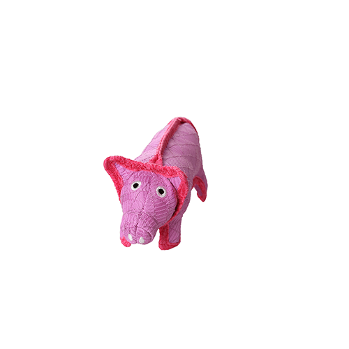 A front-facing view of a pink pig-shaped dog toy with red edging, featuring embroidered eyes and snout details. The toy is made of durable woven fiber and is designed for interactive play.