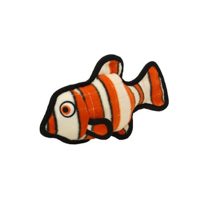 Clownfish-shaped Tuffy dog toy with orange and white stripes and black edging, featuring a durable, soft design.