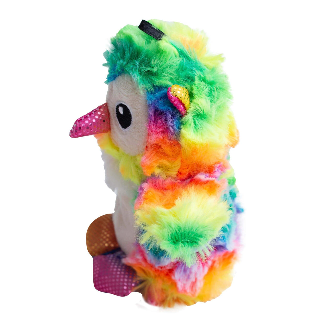 Colorful plush toy with a rainbow pattern on a white background