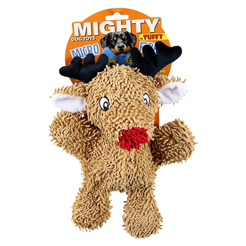 A front view of the brown reindeer plush dog toy with a red nose, black antlers, and white ears, in its packaging.