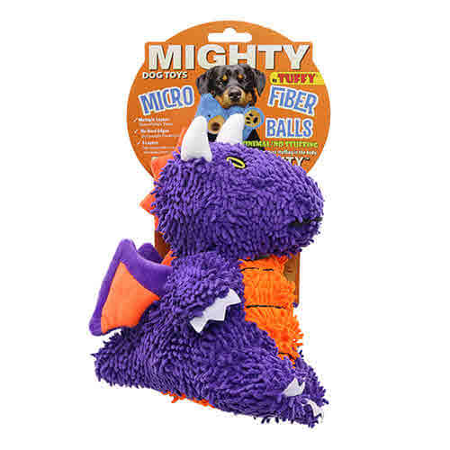 Mighty Dog Toys' purple plush dragon-shaped dog toy with orange belly and wings, white horns, and a textured body, perfect for interactive play.