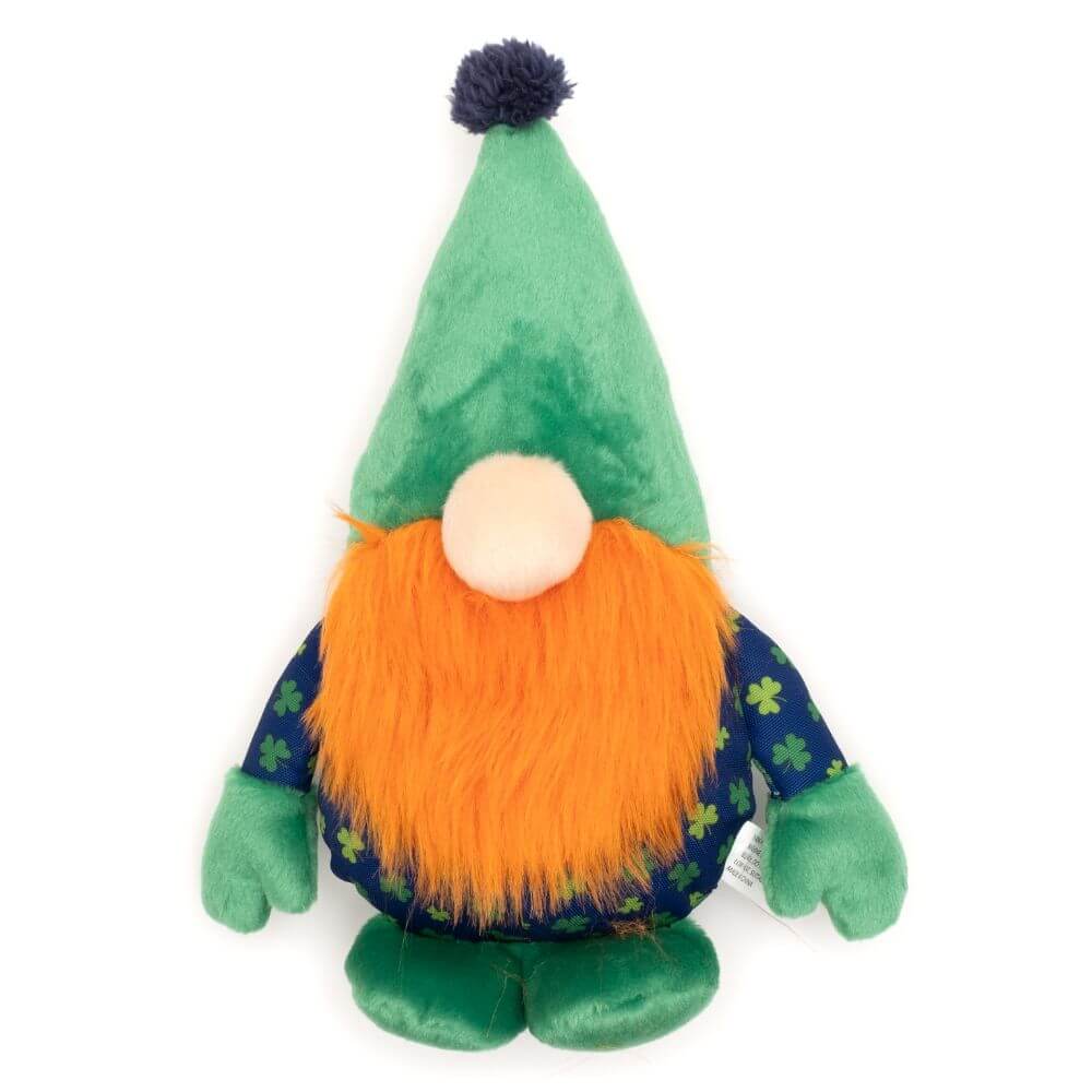 Plush gnome dog toy with a green hat, orange beard, and blue outfit adorned with green clovers, perfect for St. Patrick's Day-themed play