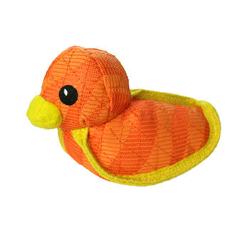 Durable orange and yellow duck dog toy with a yellow beak and trim, squeaky, floats, washable, ideal for interactive play.