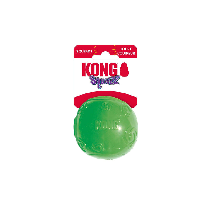 Green KONG Squeezz ball with red packaging on a white background