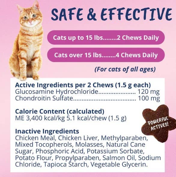 Cat supplement label with ingredients, dosage information, and active ingredients listed on a pink background.