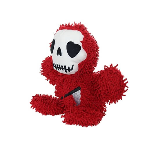 A side view of the red skeleton plush toy, highlighting its stitched mouth, heart-shaped eyes, and fluffy microfiber body.