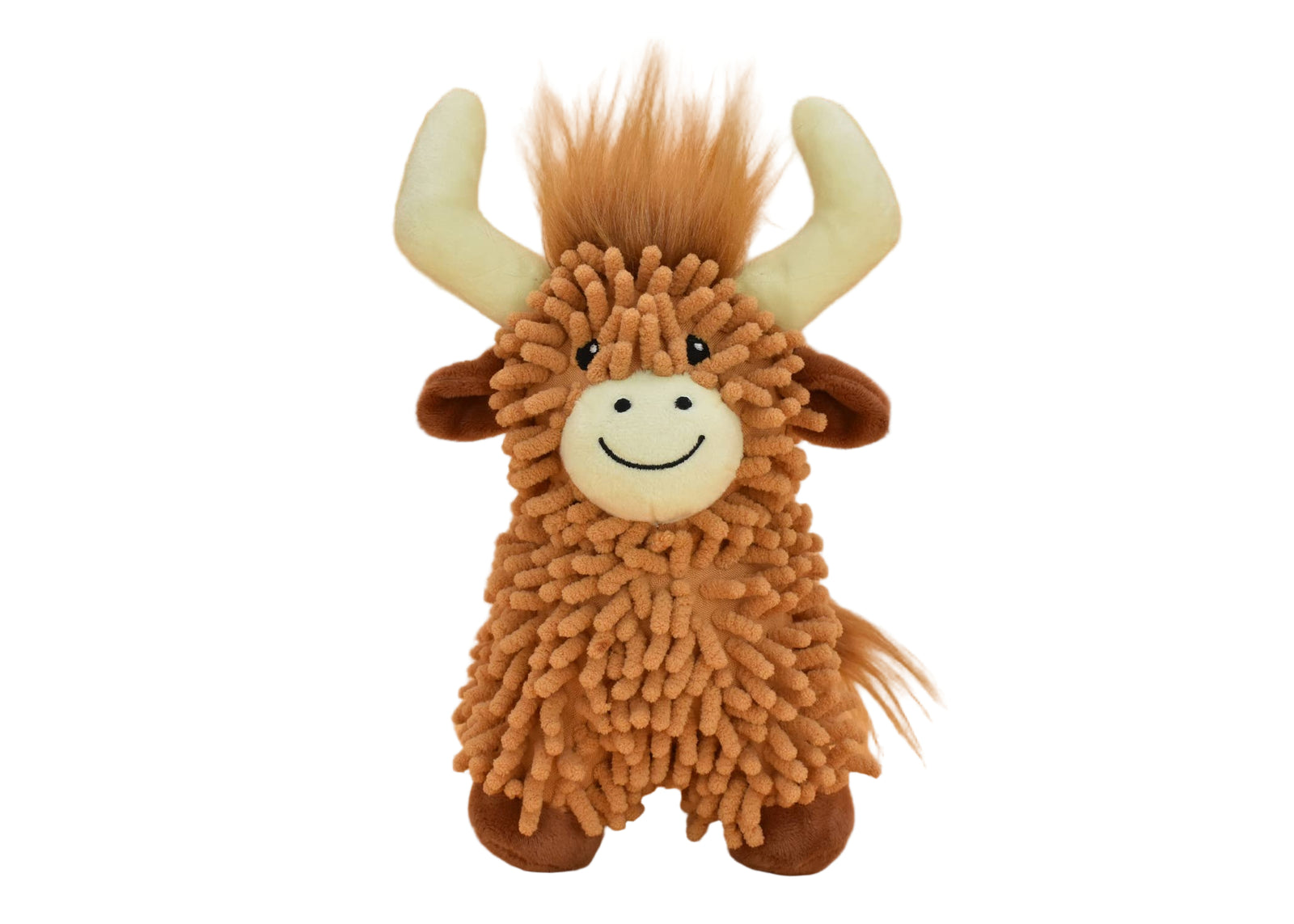 Plush toy resembling a Highland cow on an orange background