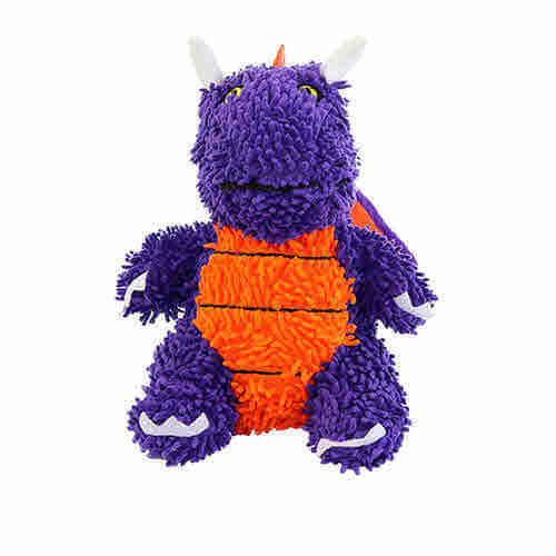 Purple plush dragon-shaped dog toy with a textured body, orange belly, white horns, and embroidered details, perfect for interactive play.