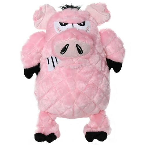 Pink plush pig-shaped dog toy with a quilted pattern and an angry expression