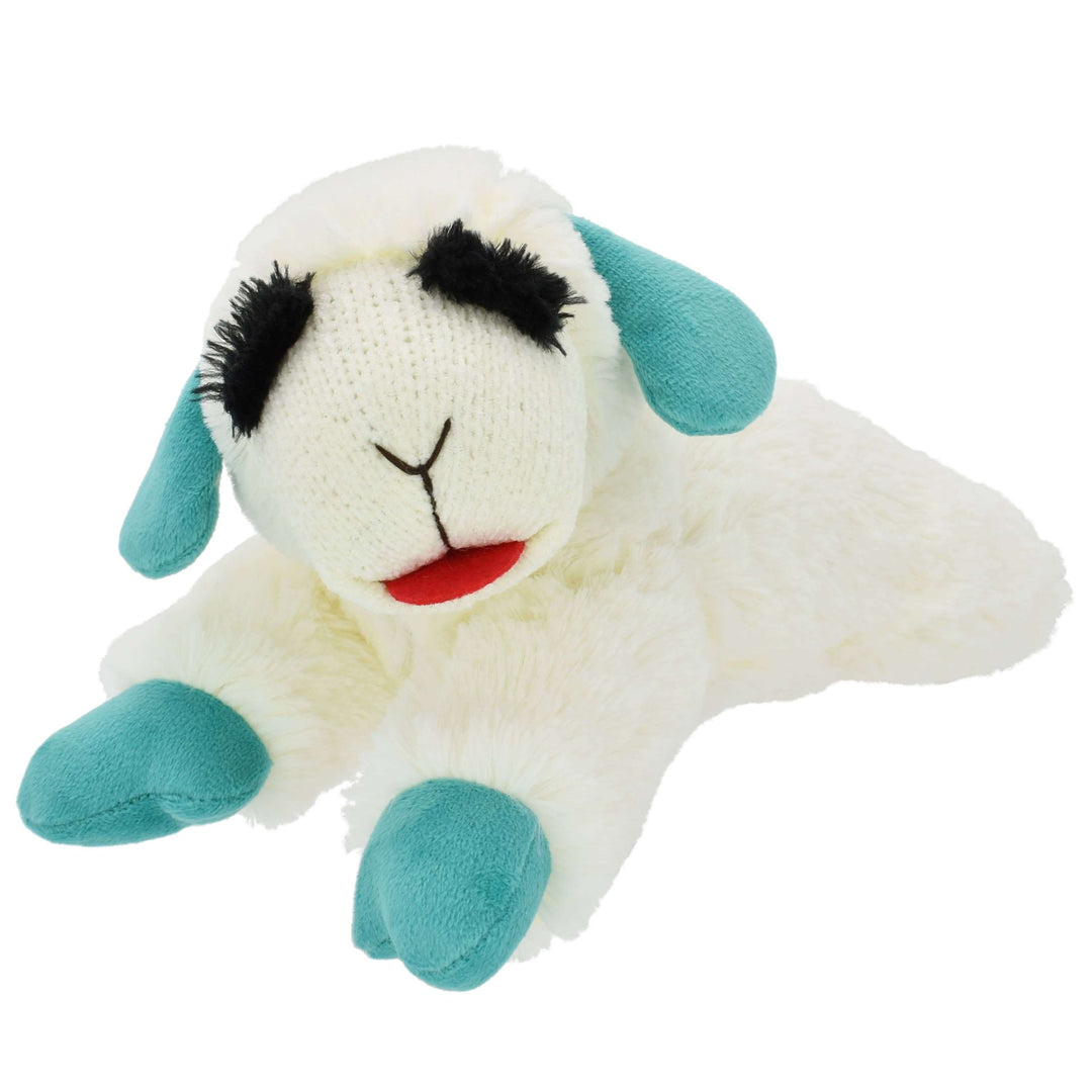 Plush toy sheep with blue ears and feet on a white background