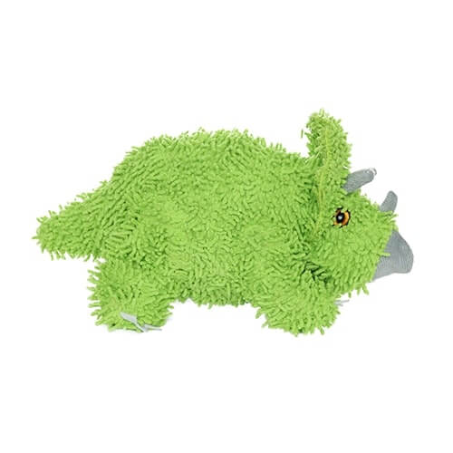 A green plush triceratops-shaped dog toy with a soft, textured microfiber exterior, featuring a light grey horn and an embroidered eye.