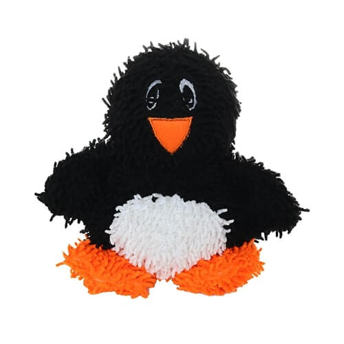 A front view of the black plush penguin toy, featuring a white belly, orange feet and beak, and large embroidered eyes.