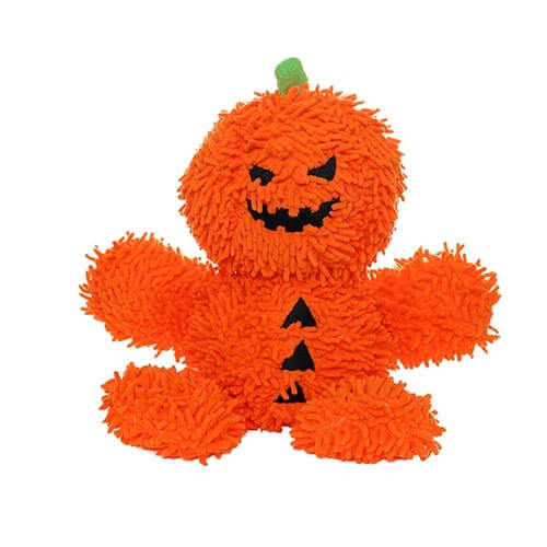 The image shows the front view of the MIGHTY® Dog Toy called "Microfiber Ball Pumpkin Man." The toy is bright orange with a fuzzy texture and is designed to resemble a jack-o'-lantern. It has a round head with a green stem on top, a black smiling jack-o'-lantern face, and triangular black patches on its body, enhancing the pumpkin theme. The toy is soft, minimally stuffed, and crafted for interactive play with dogs.