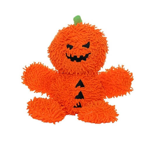 The image shows the front view of the MIGHTY® Dog Toy called "Microfiber Ball Pumpkin Man." The toy is bright orange with a fuzzy texture and is designed to resemble a jack-o'-lantern. It has a round head with a green stem on top, a black smiling jack-o'-lantern face, and triangular black patches on its body, enhancing the pumpkin theme. The toy is soft, minimally stuffed, and crafted for interactive play with dogs.