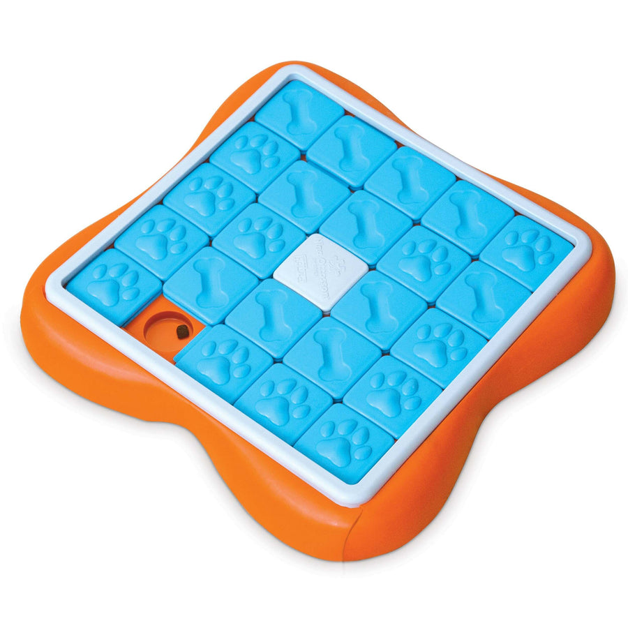 Outward Hound Nina Ottosson Challenge Slider dog puzzle with bright orange base and blue sliding tiles—advanced treat-hiding toy for dogs.