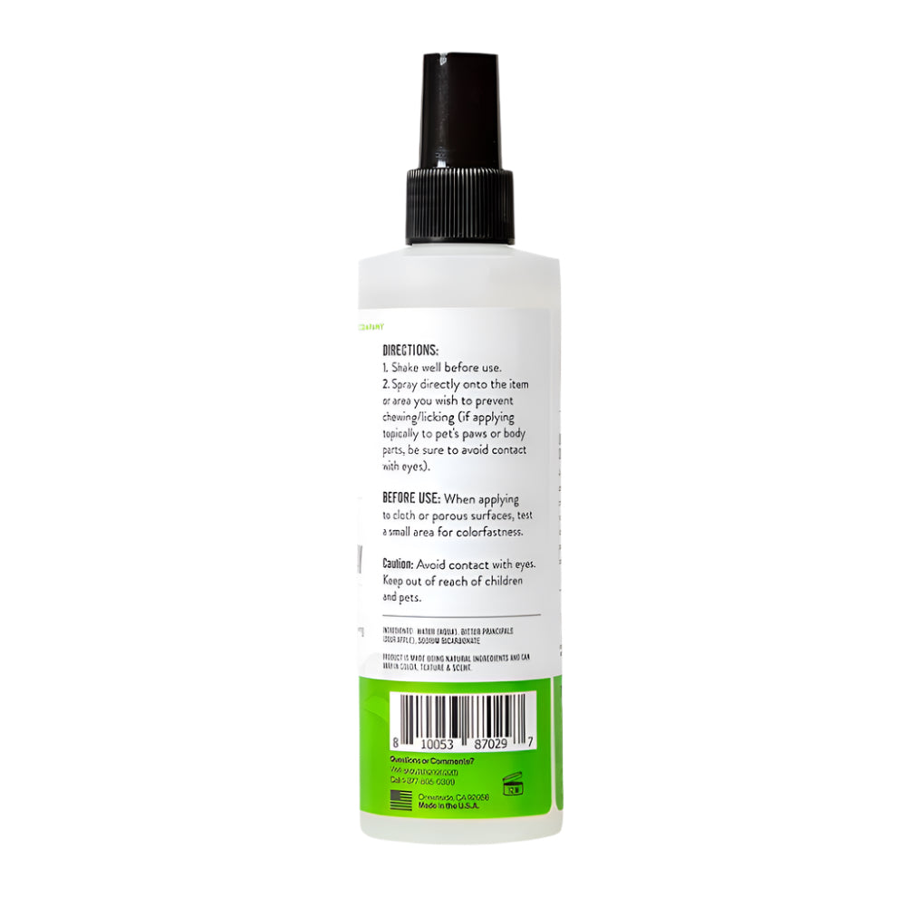 Skout’s Honor Anti Chew Spray bottle showing directions for use and cautionary notes for pet safety.