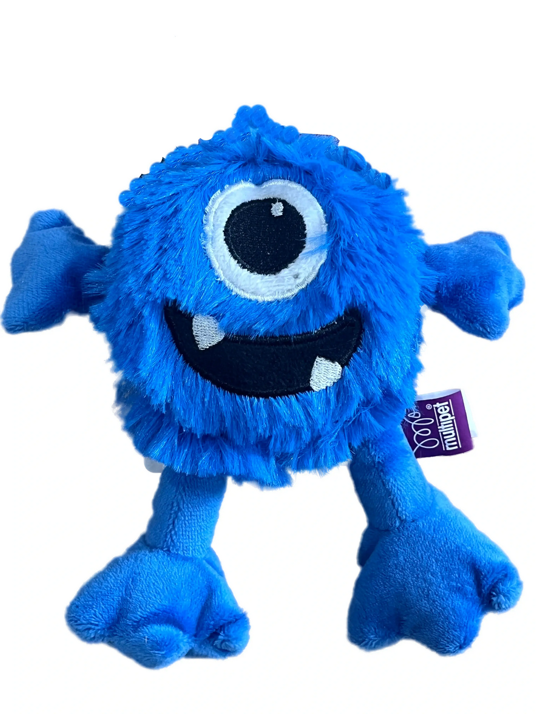 Blue plush toy with a single eye on a white background
