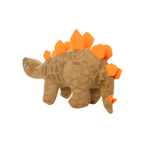 Rear view of plush dinosaur dog toy showing orange spike details and long tail, soft fabric texture.