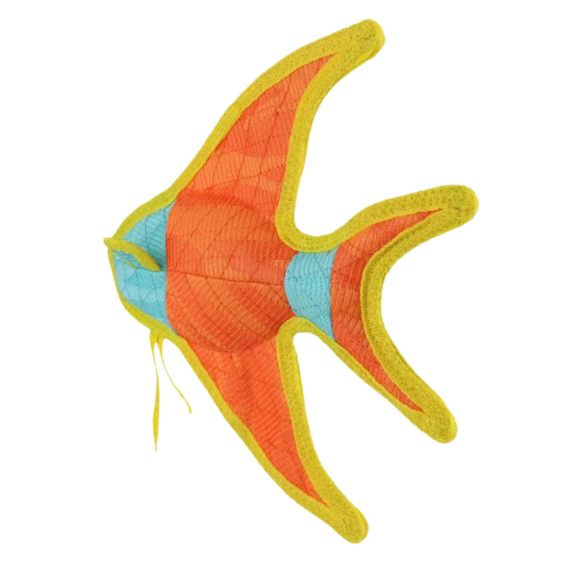 Reverse side of durable fish dog toy in vibrant orange and aqua with reinforced stitching and soft texture for safe chewing.