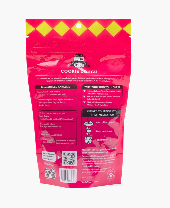 Pink package of 'Cookie Dough' with text and graphics on a white background