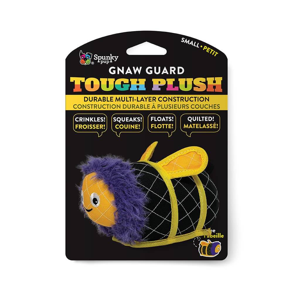 Spunky Pup Tough Plush toy packaging with a bee design on a white background
