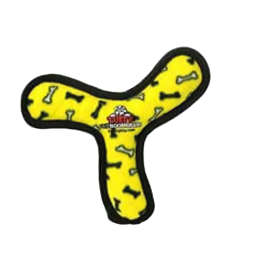 Yellow dog toy with black bone pattern on a white background