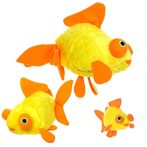 Plush goldfish dog toy in bright yellow and orange, shown in three sizes for small to large dogs.