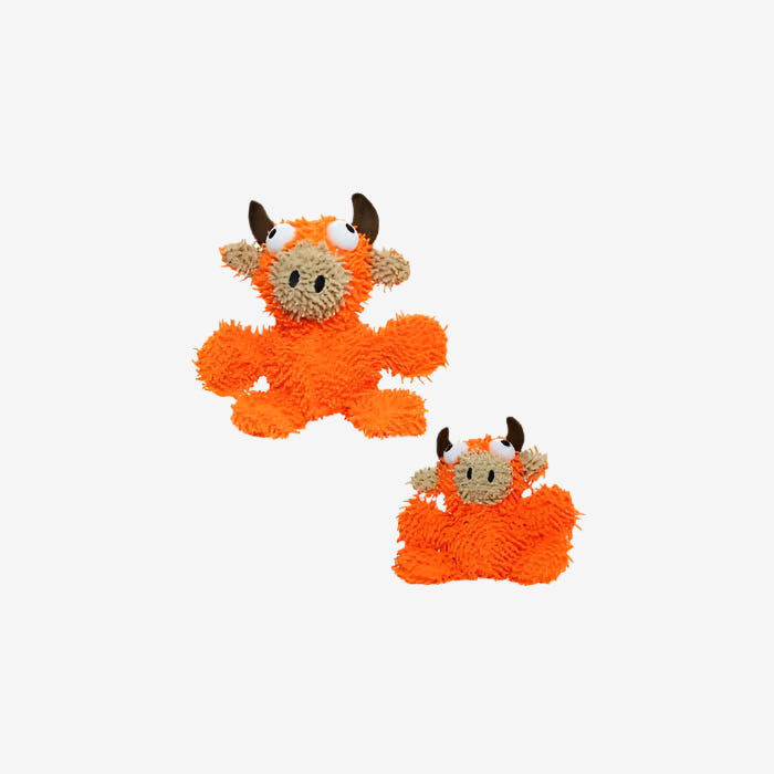 Two plush orange bull-shaped dog toys with horns and wide eyes, displayed on a white background—available in large and small sizes.