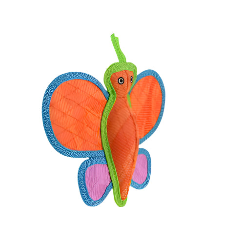 Side view of butterfly dog toy showing thick stitching and soft padded body for gentle chewing