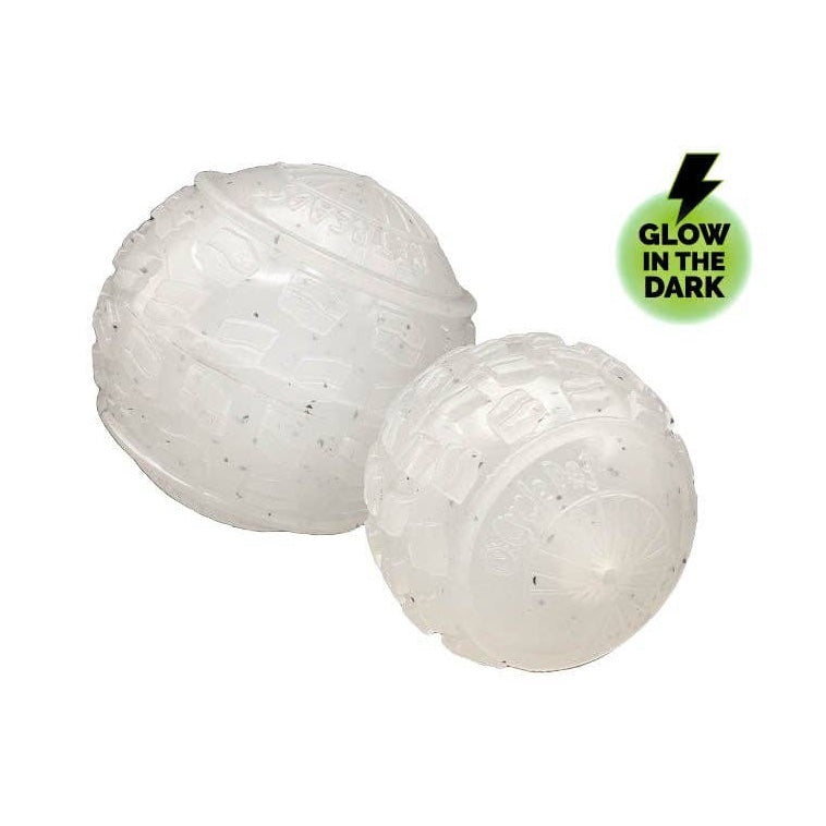 Two white textured balls with a 'Glow in the Dark' label on a white background